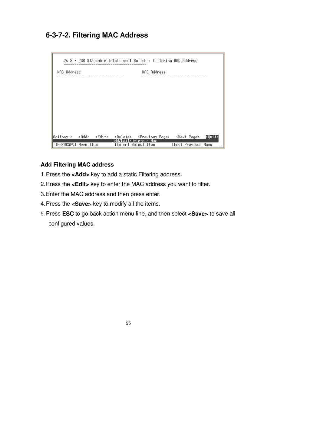 Milan Technology MIL-SM2401M-STK manual Filtering MAC Address, Add Filtering MAC address 