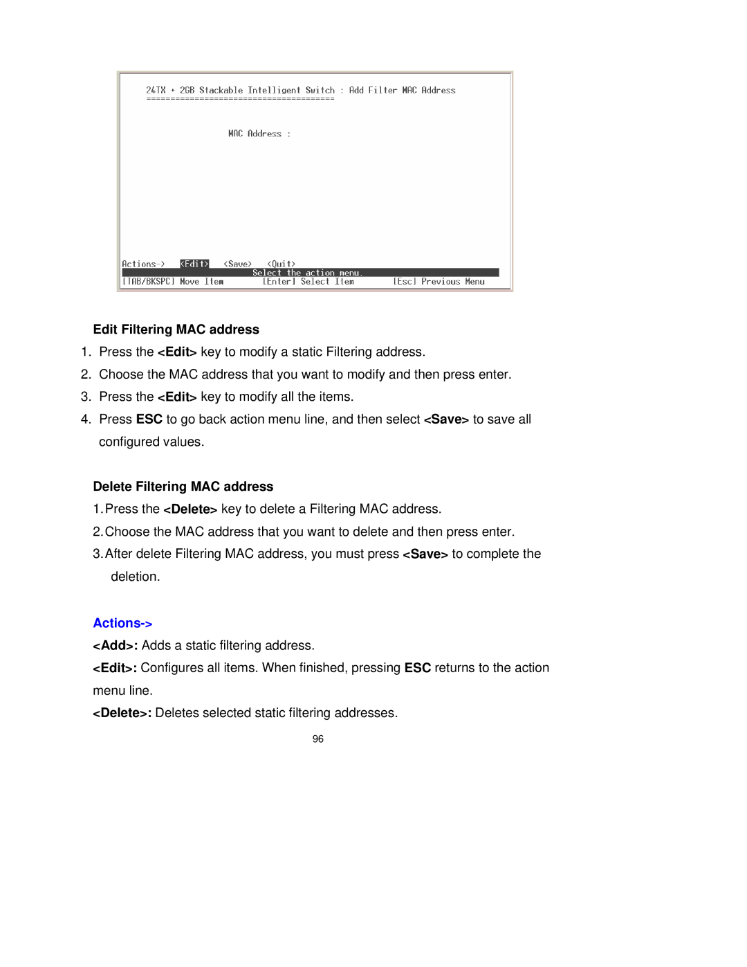 Milan Technology MIL-SM2401M-STK manual Edit Filtering MAC address, Delete Filtering MAC address 