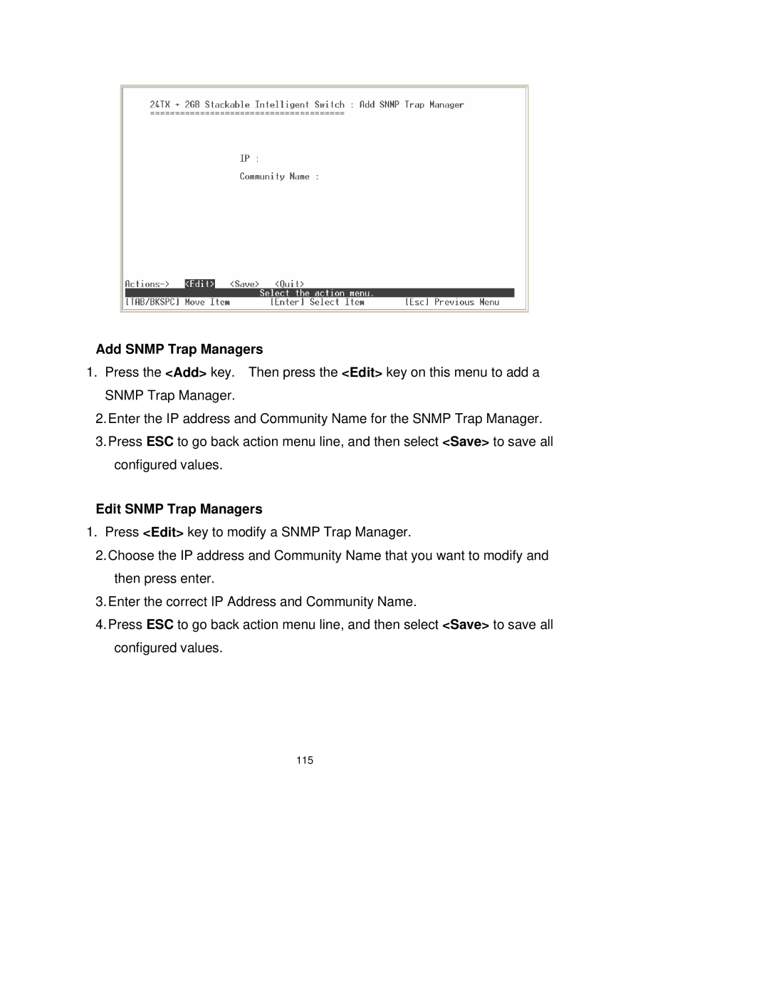 Milan Technology MIL-SM2401M-STK manual Add Snmp Trap Managers, Edit Snmp Trap Managers 