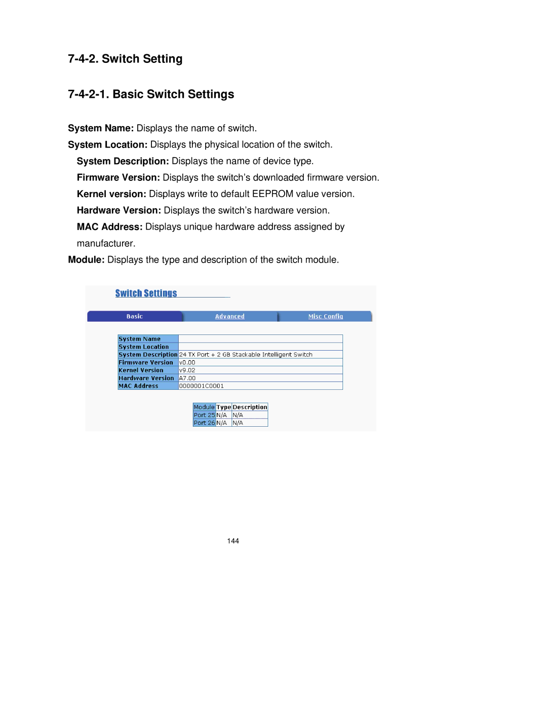 Milan Technology MIL-SM2401M-STK manual Switch Setting Basic Switch Settings 