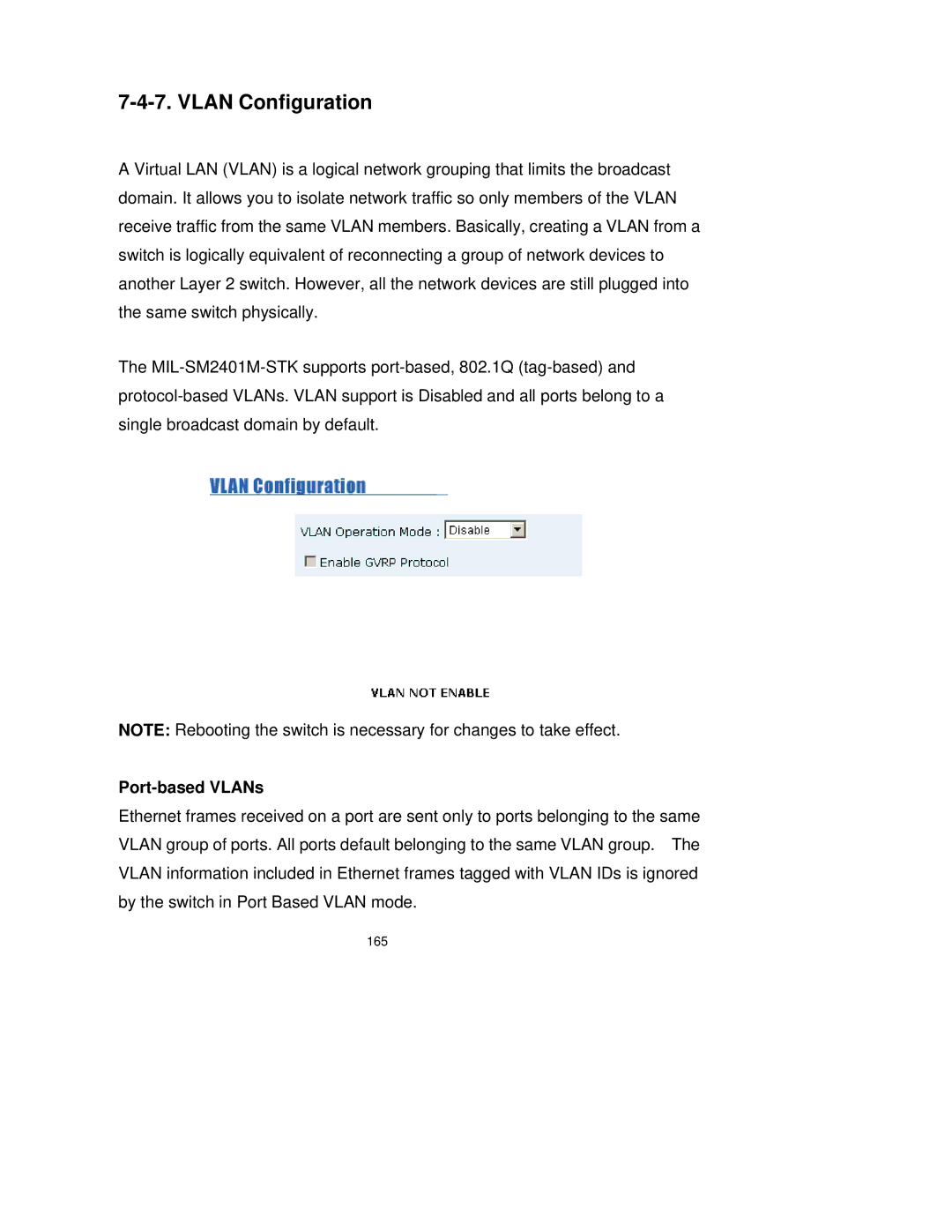 Milan Technology MIL-SM2401M-STK manual Vlan Configuration, Port-based VLANs 