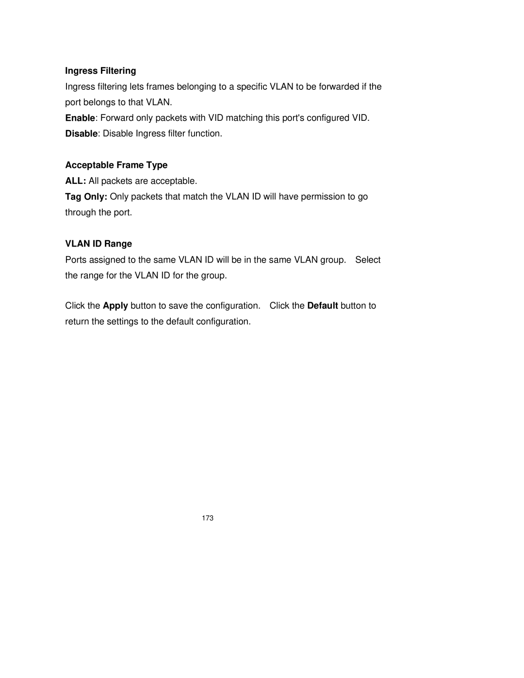 Milan Technology MIL-SM2401M-STK manual Ingress Filtering, Acceptable Frame Type, Vlan ID Range 