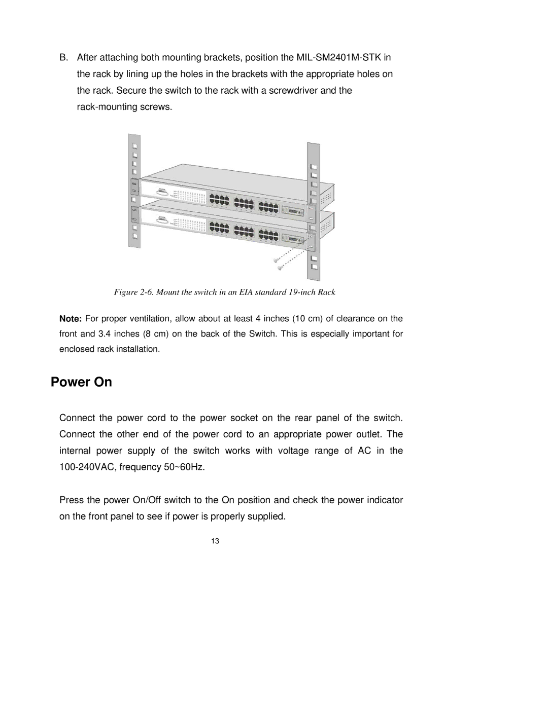 Milan Technology MIL-SM2401M-STK manual Power On, Mount the switch in an EIA standard 19-inch Rack 