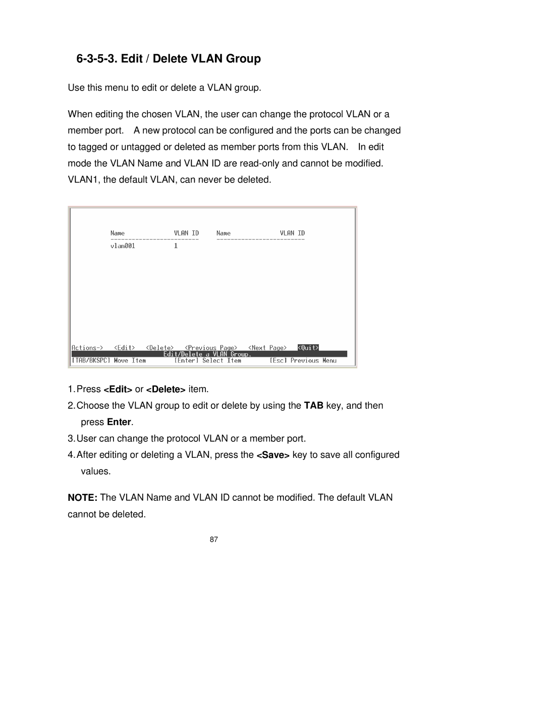 Milan Technology MIL-SM2401M-STK manual Edit / Delete Vlan Group, Press Edit or Delete item 