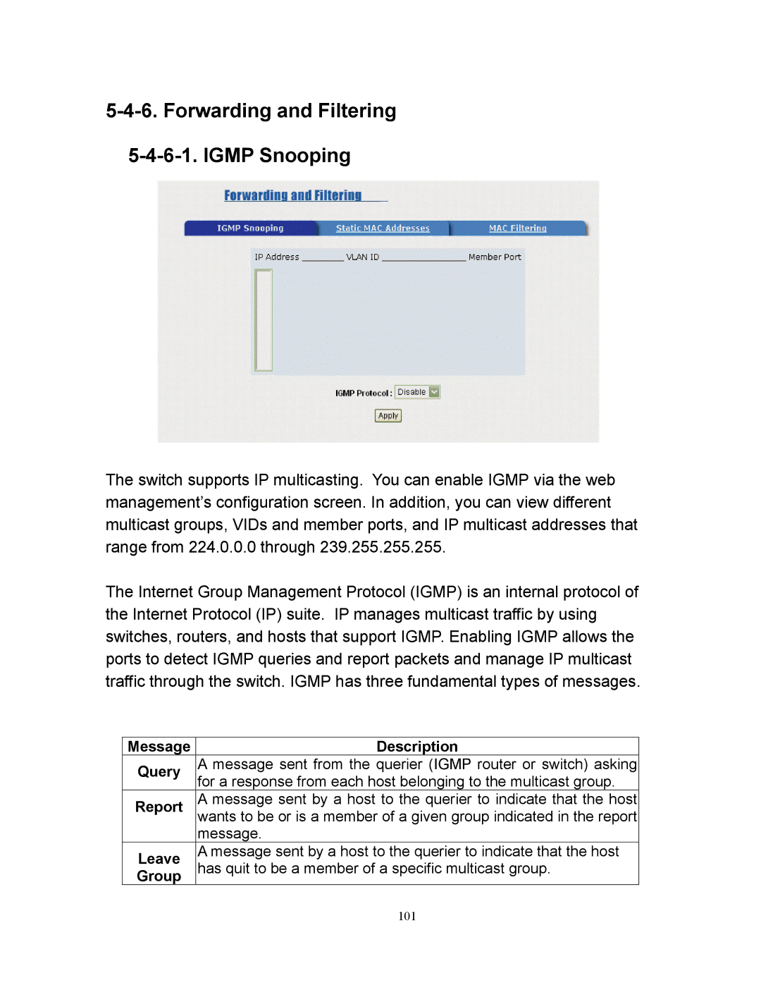 Milan Technology MIL-SM2401M manual Forwarding and Filtering Igmp Snooping, Message Description Query 