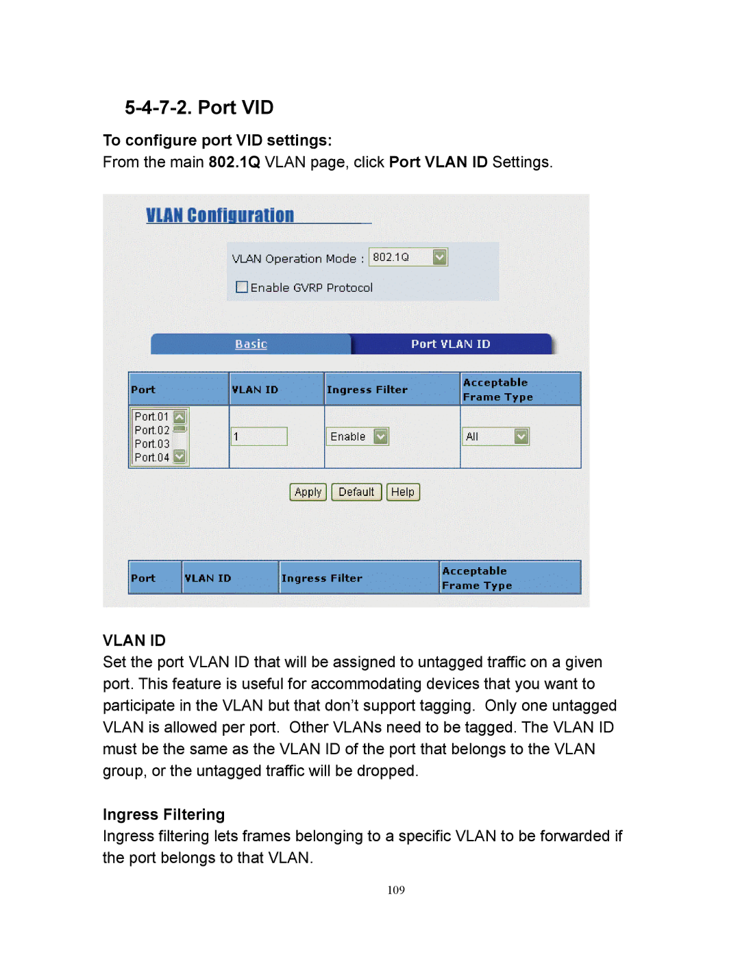 Milan Technology MIL-SM2401M manual Port VID, To configure port VID settings, Ingress Filtering 