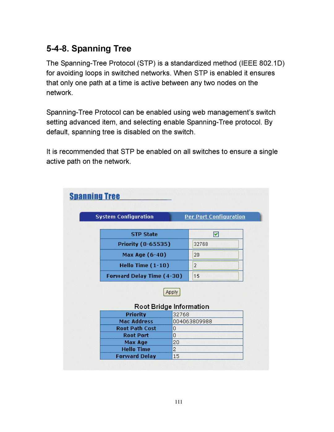 Milan Technology MIL-SM2401M manual Spanning Tree 