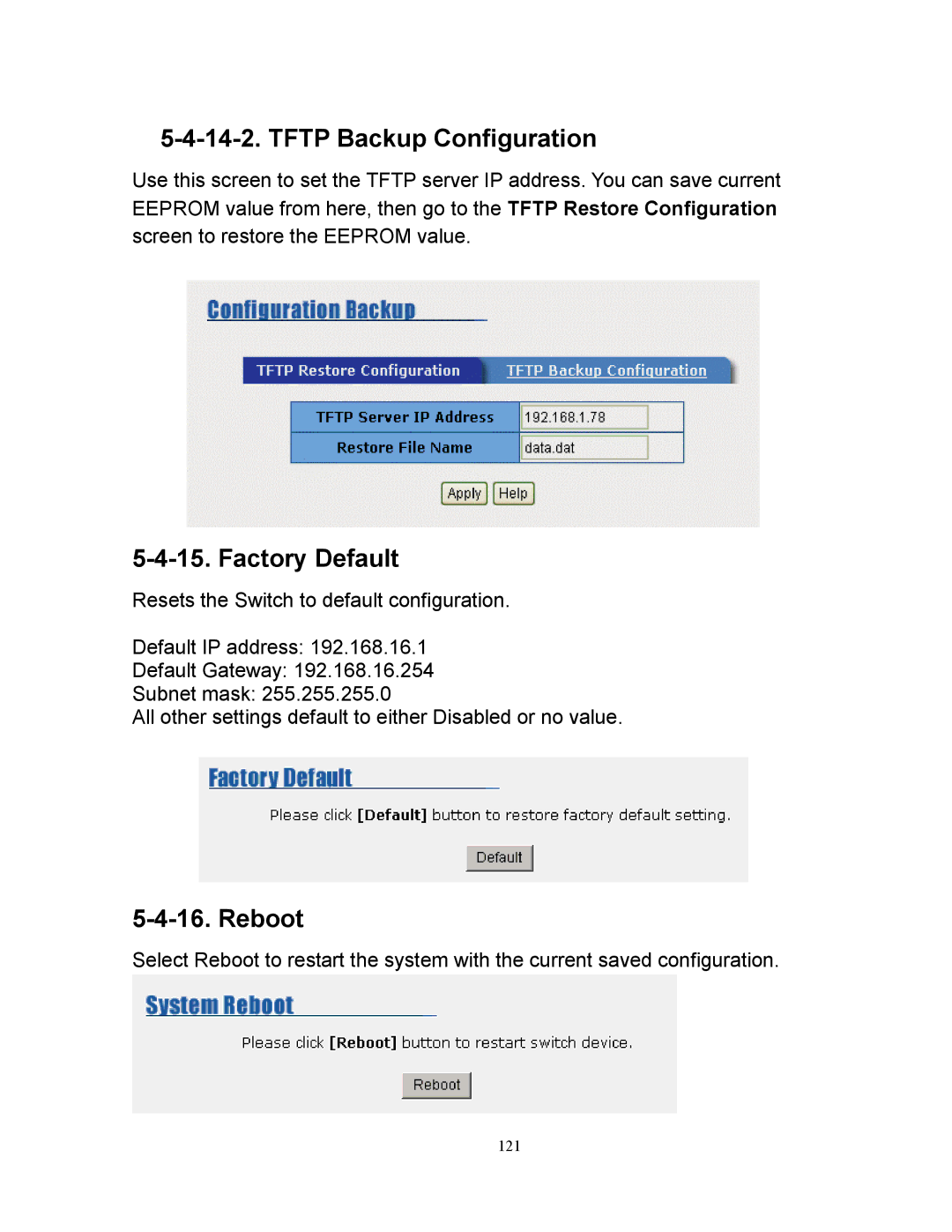 Milan Technology MIL-SM2401M manual Tftp Backup Configuration, Reboot 