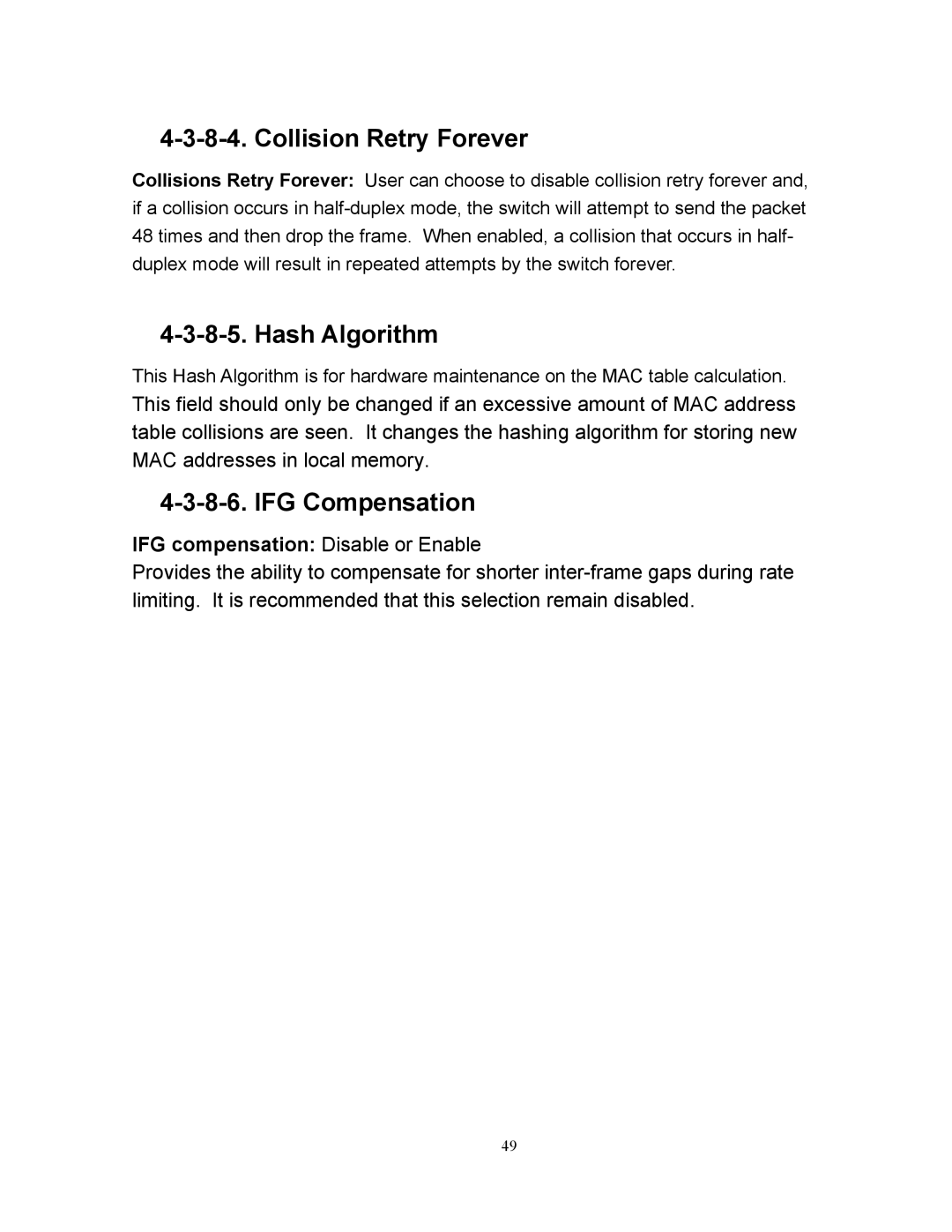 Milan Technology MIL-SM2401M Collision Retry Forever, Hash Algorithm, IFG Compensation, IFG compensation Disable or Enable 