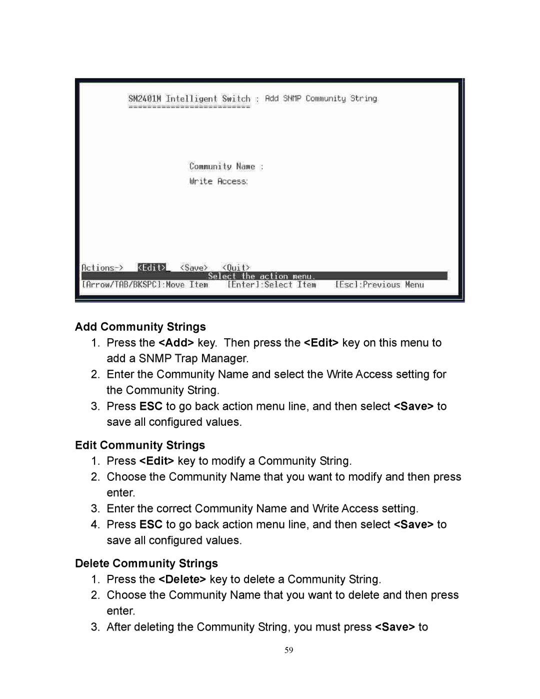 Milan Technology MIL-SM2401M manual Add Community Strings, Edit Community Strings, Delete Community Strings 