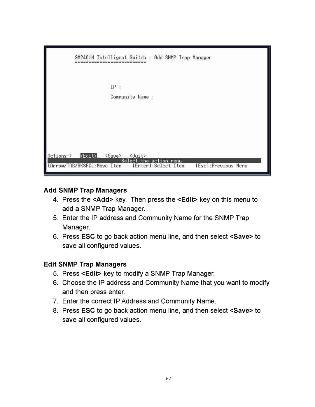 Milan Technology MIL-SM2401M manual Add Snmp Trap Managers, Edit Snmp Trap Managers 