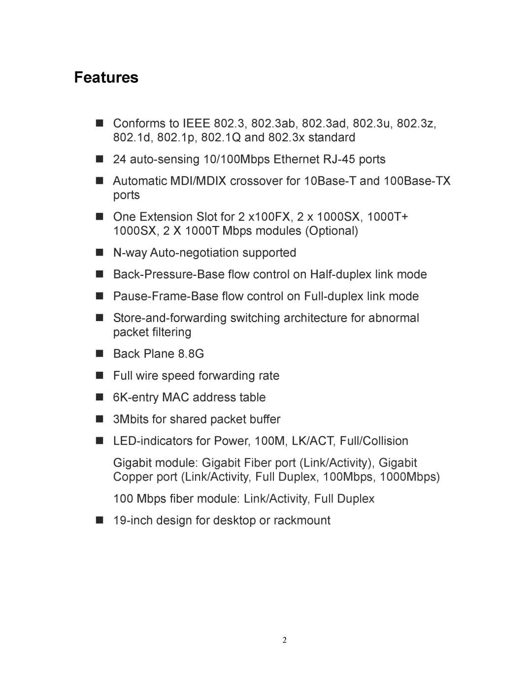 Milan Technology MIL-SM2401M manual Features, LED-indicators for Power, 100M, LK/ACT, Full/Collision 