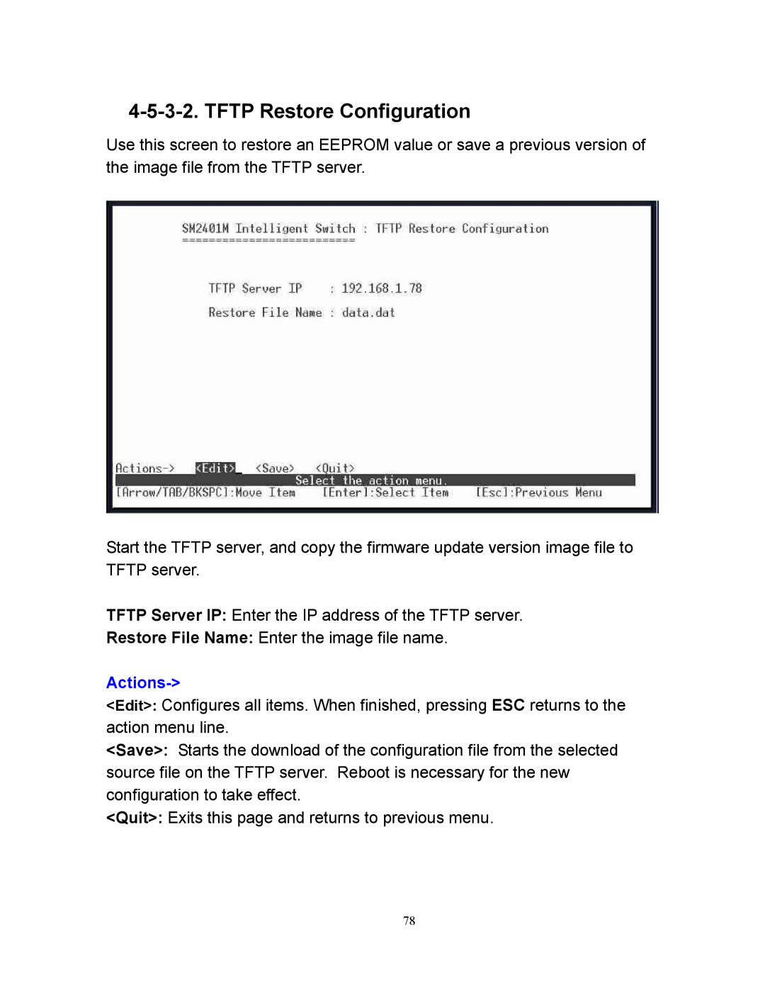 Milan Technology MIL-SM2401M manual Tftp Restore Configuration 