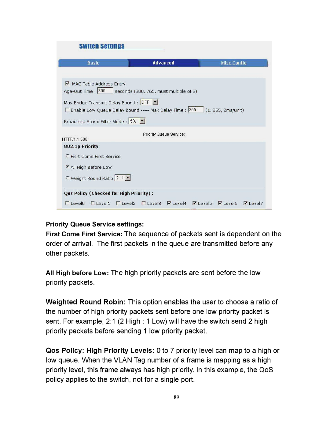 Milan Technology MIL-SM2401M manual Priority Queue Service settings 