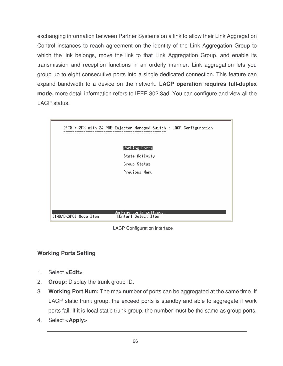 Milan Technology MIL-SM2401MAF manual Lacp Configuration interface 