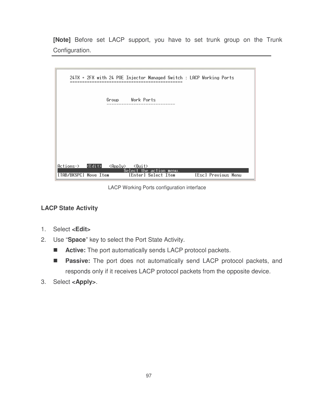 Milan Technology MIL-SM2401MAF manual Lacp Working Ports configuration interface 