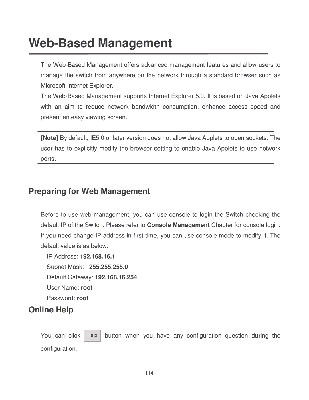 Milan Technology MIL-SM2401MAF manual Preparing for Web Management, Online Help 