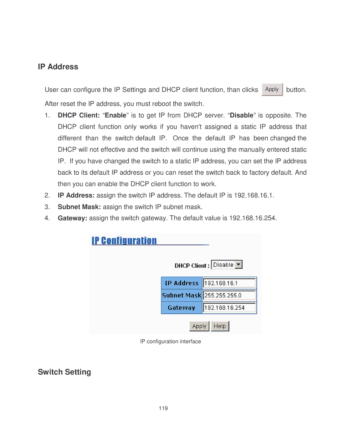 Milan Technology MIL-SM2401MAF manual IP Address, Switch Setting 