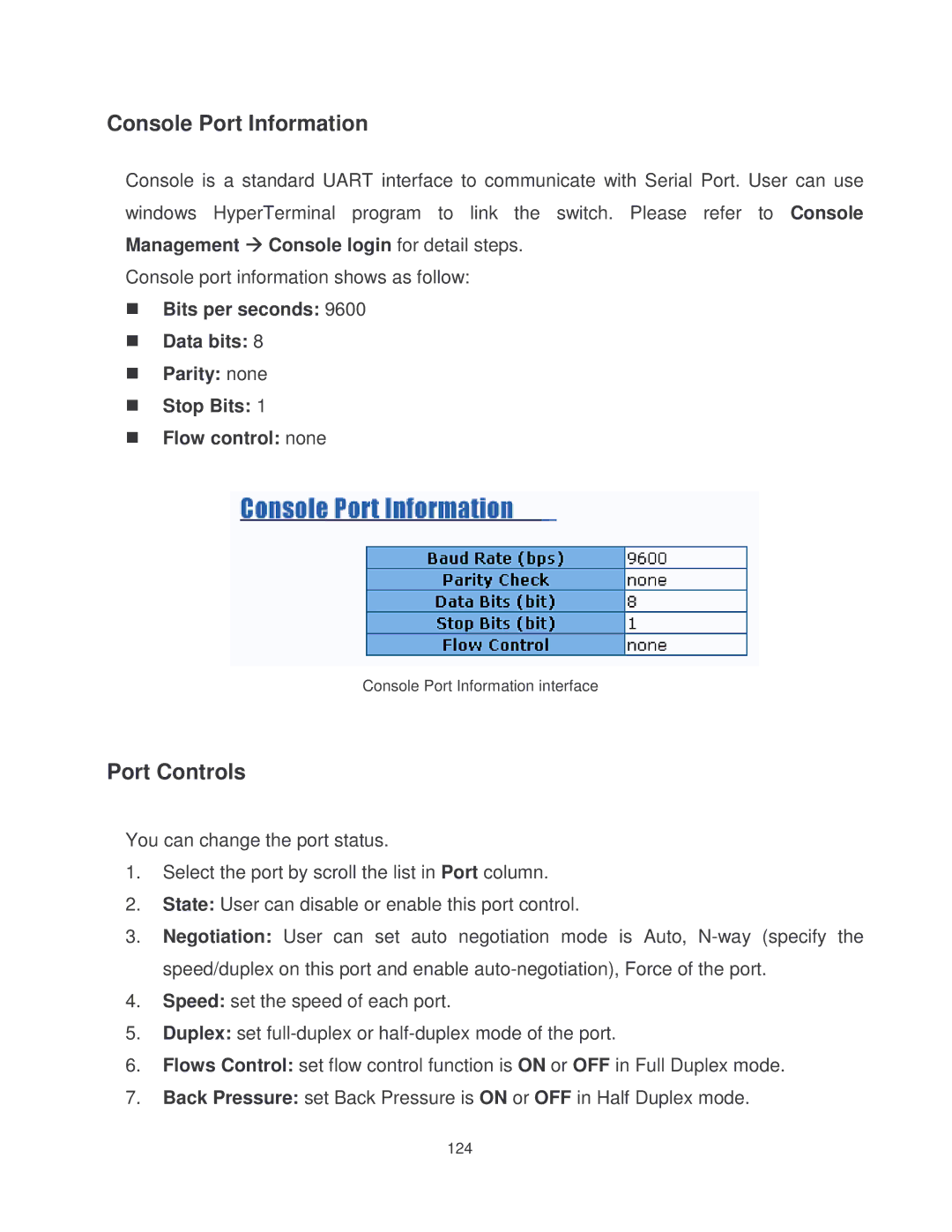 Milan Technology MIL-SM2401MAF manual Console Port Information, Port Controls 