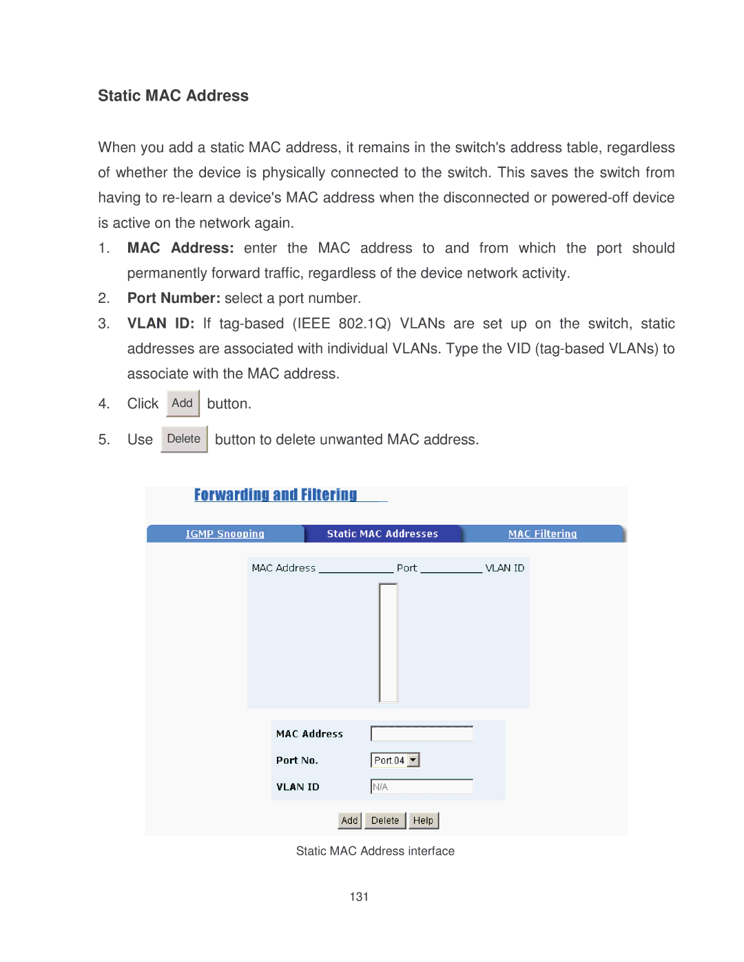 Milan Technology MIL-SM2401MAF manual Static MAC Address 