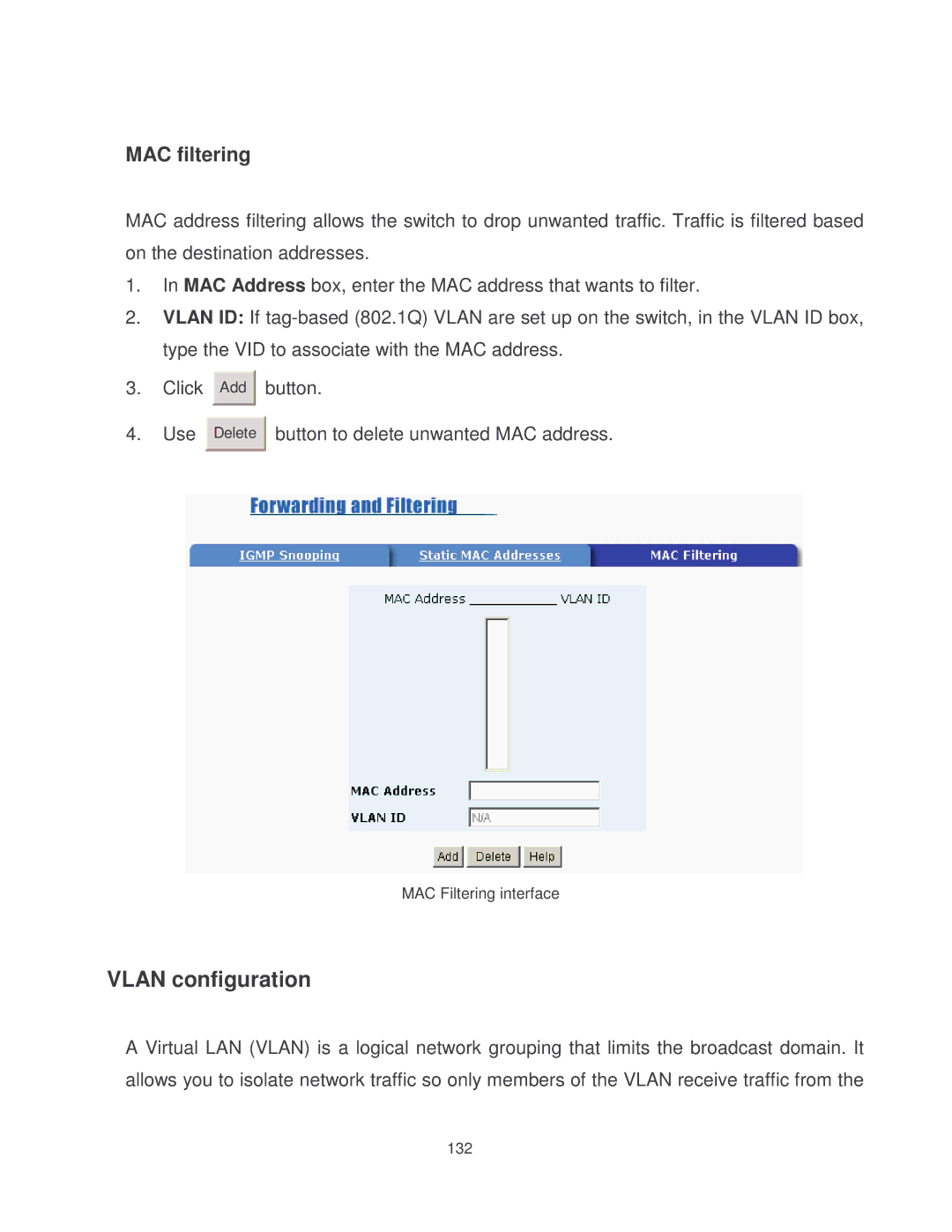 Milan Technology MIL-SM2401MAF manual Vlan configuration, MAC filtering 