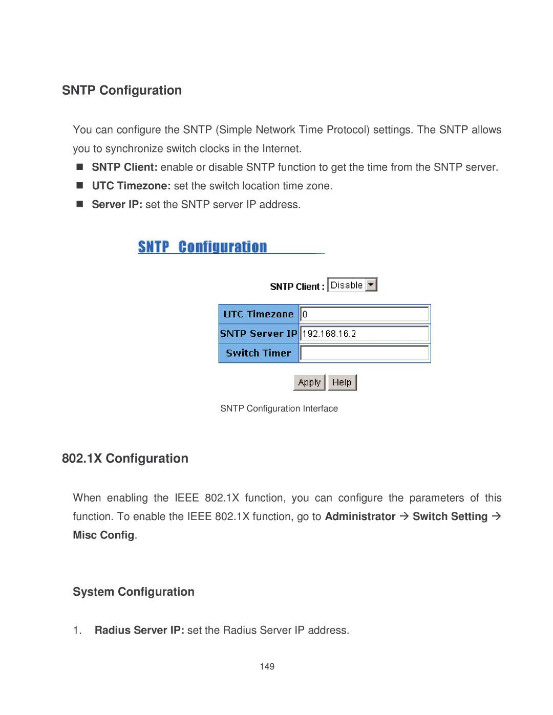 Milan Technology MIL-SM2401MAF manual Sntp Configuration, 802.1X Configuration 