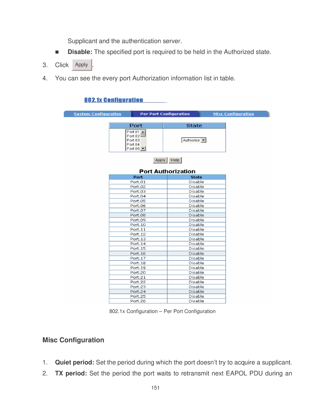 Milan Technology MIL-SM2401MAF manual 802.1x Configuration Per Port Configuration 