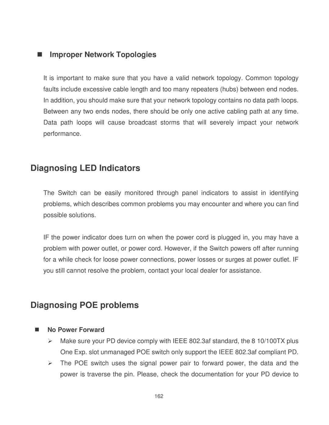 Milan Technology MIL-SM2401MAF manual Diagnosing LED Indicators, Diagnosing POE problems, Improper Network Topologies 