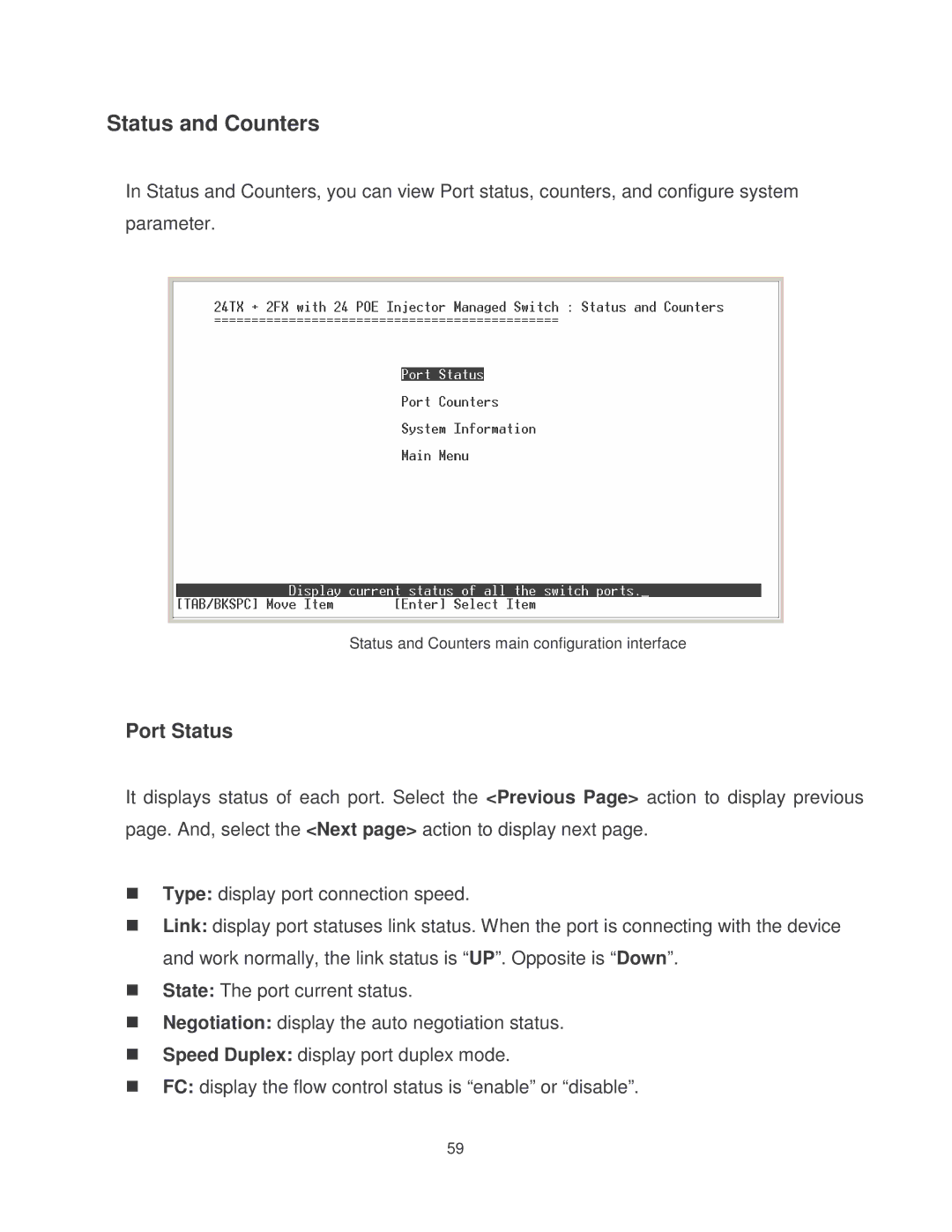 Milan Technology MIL-SM2401MAF manual Status and Counters, Port Status 