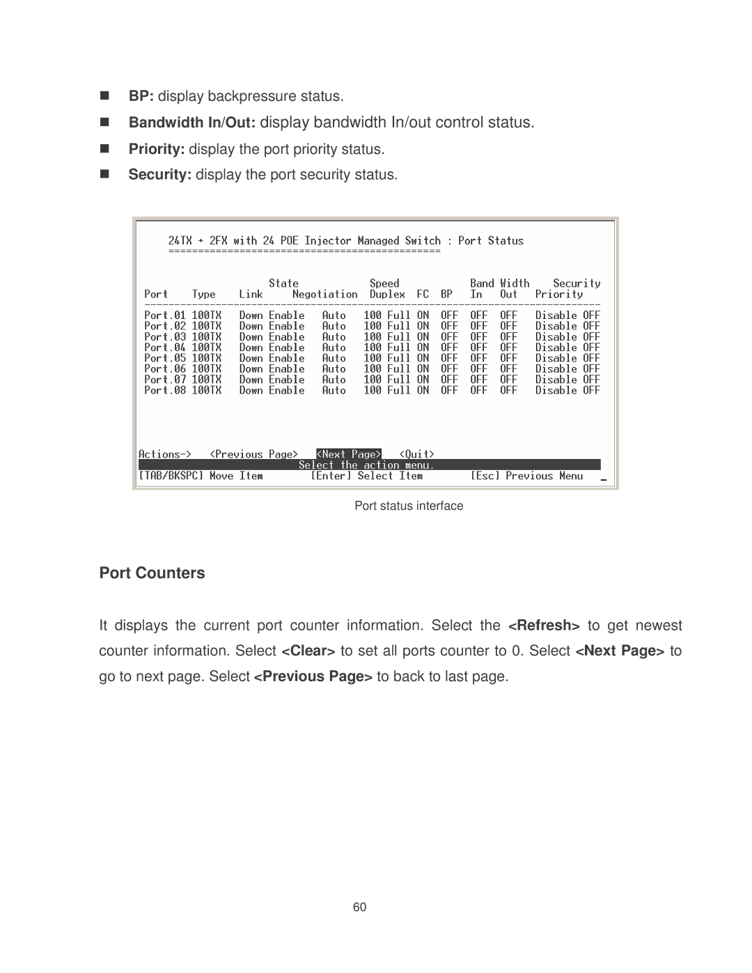 Milan Technology MIL-SM2401MAF manual Bandwidth In/Out display bandwidth In/out control status, Port Counters 