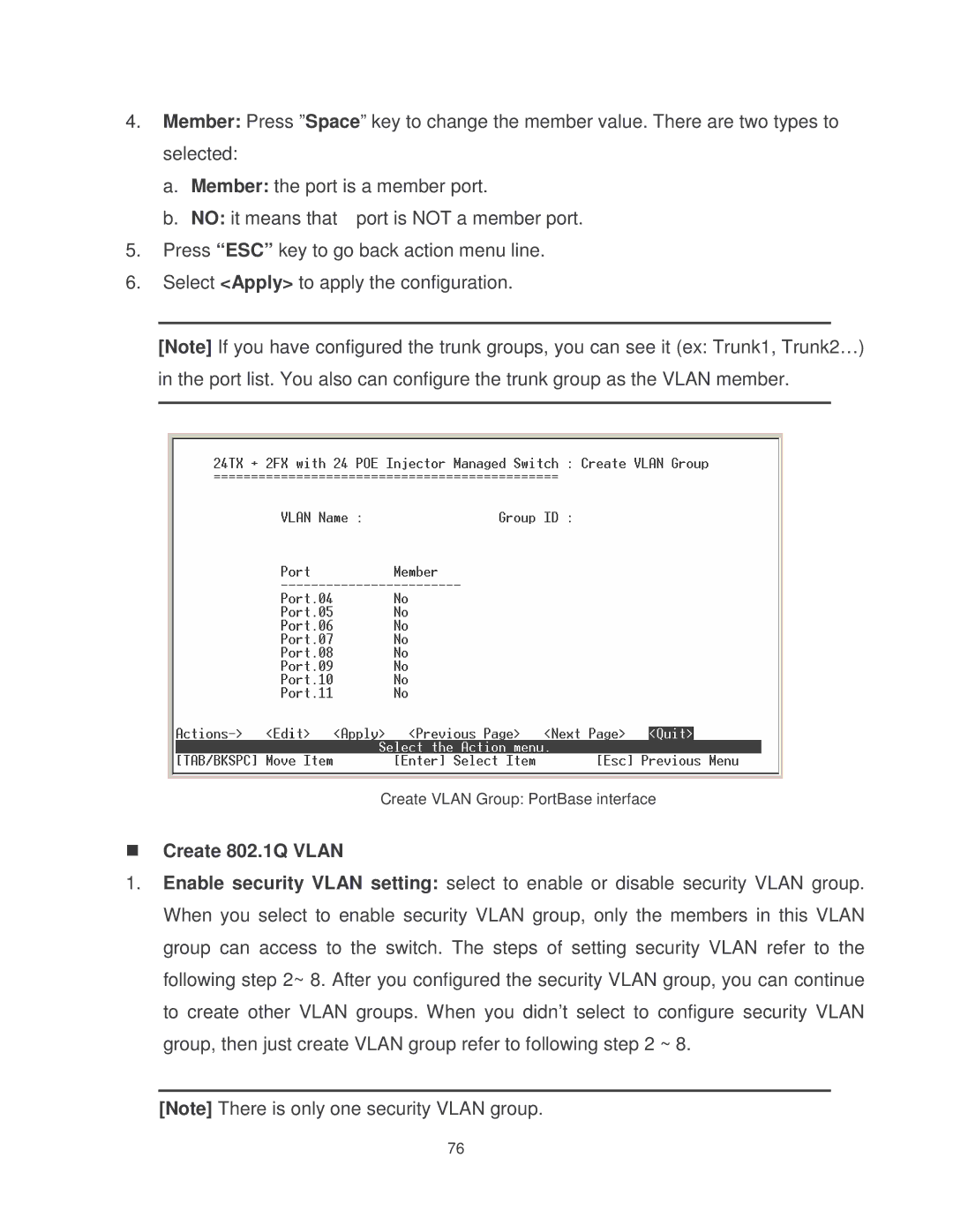 Milan Technology MIL-SM2401MAF manual Create Vlan Group PortBase interface 