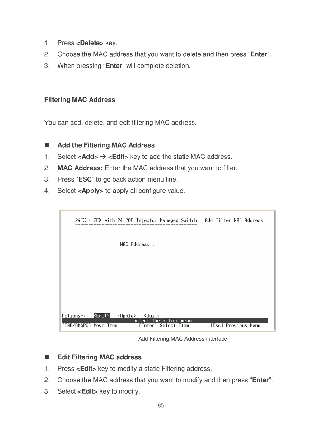 Milan Technology MIL-SM2401MAF manual Add Filtering MAC Address interface 