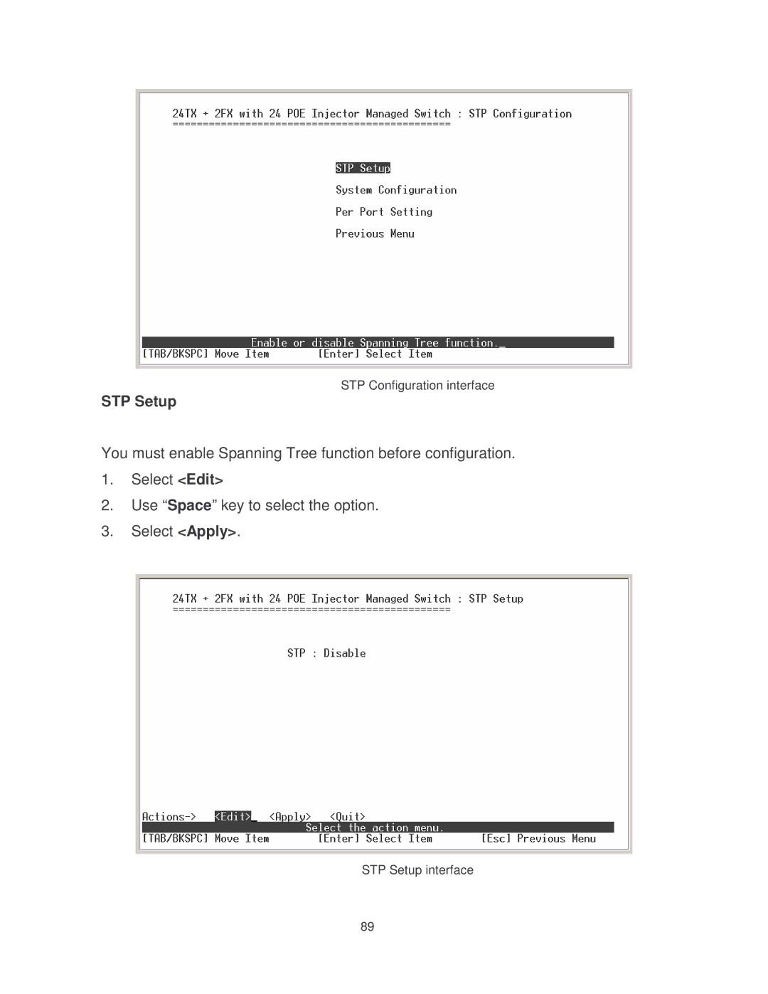 Milan Technology MIL-SM2401MAF manual STP Configuration interface 