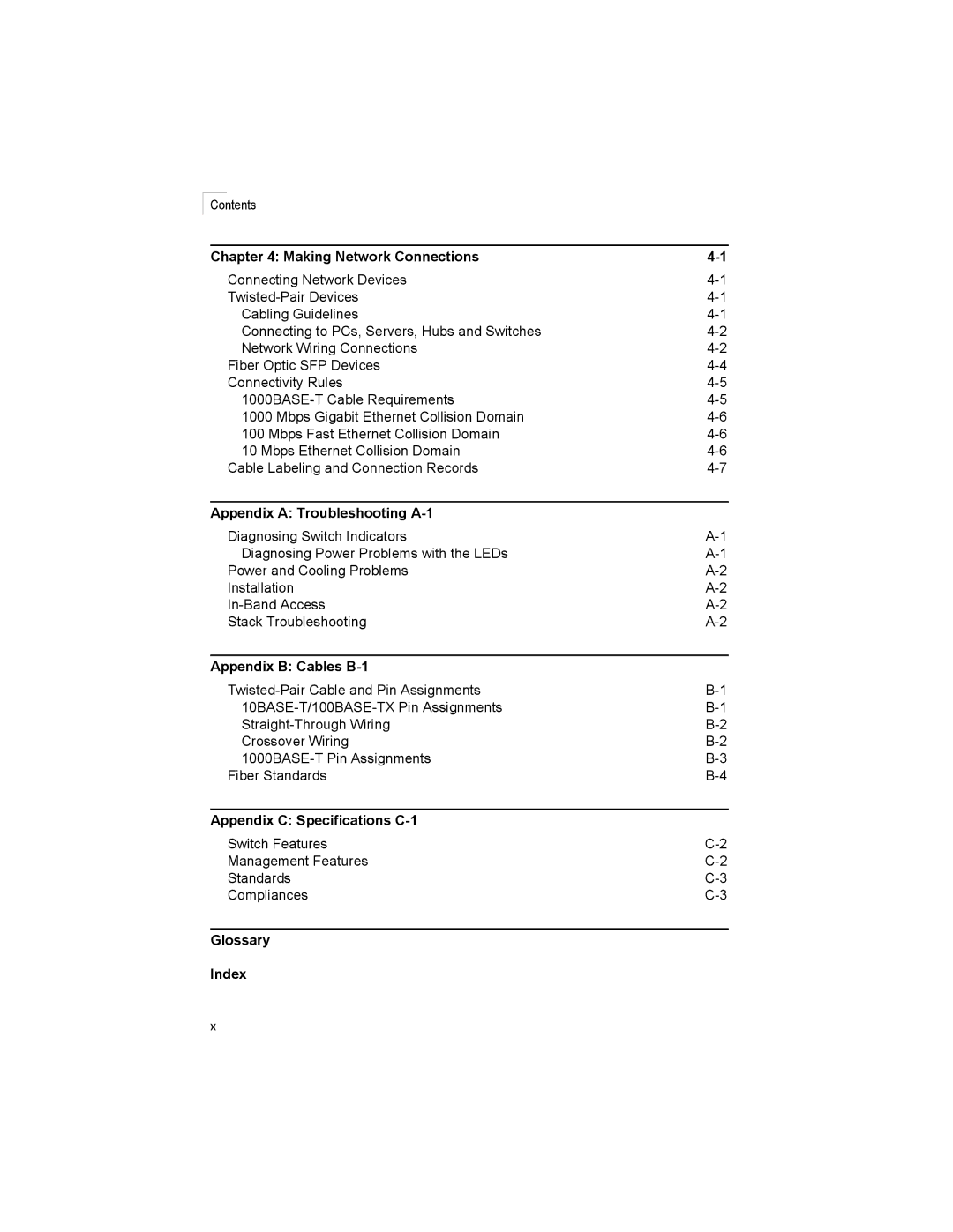 Milan Technology MIL-SM4804G manual Making Network Connections, Appendix a Troubleshooting A-1, Appendix B Cables B-1 