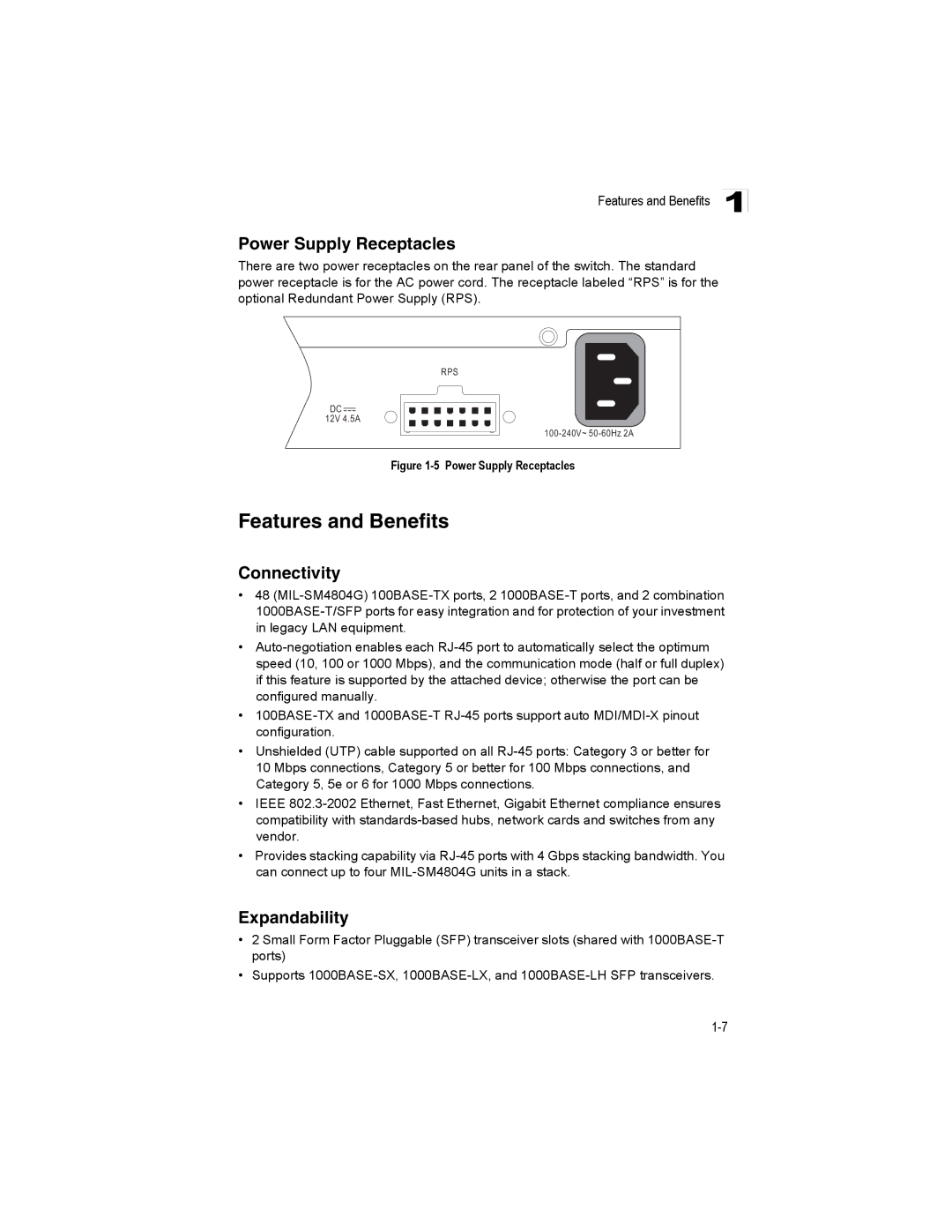 Milan Technology MIL-SM4804G manual Features and Benefits, Power Supply Receptacles, Connectivity, Expandability 