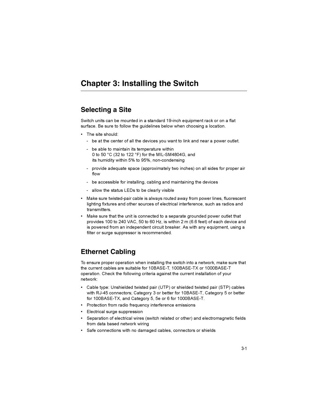 Milan Technology MIL-SM4804G manual Installing the Switch, Selecting a Site, Ethernet Cabling 