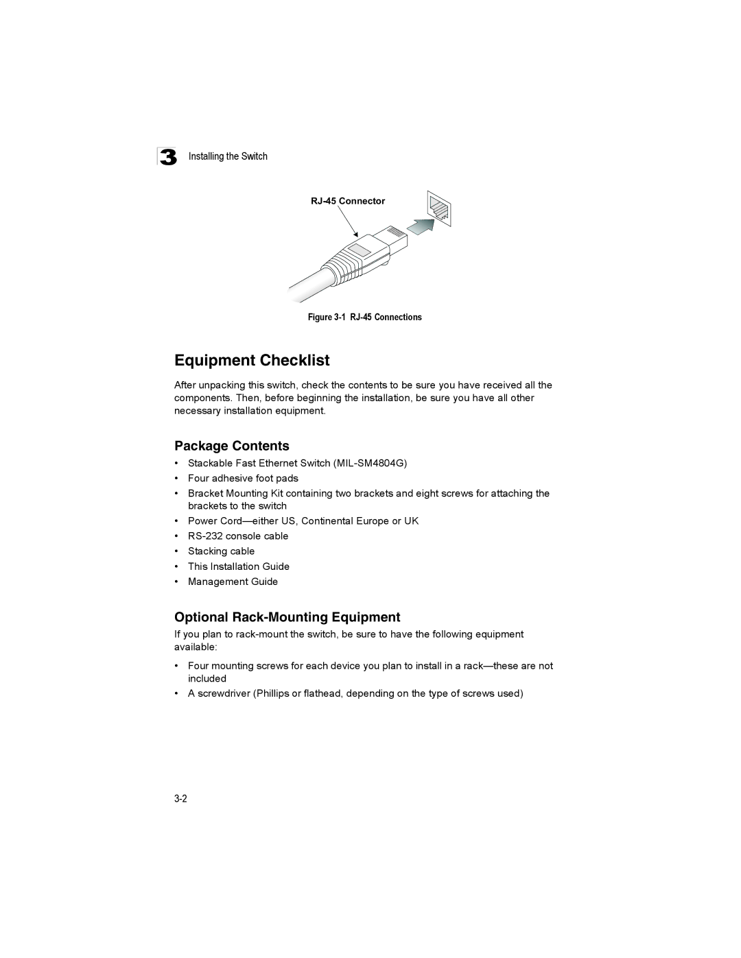 Milan Technology MIL-SM4804G manual Equipment Checklist, Package Contents, Optional Rack-Mounting Equipment 