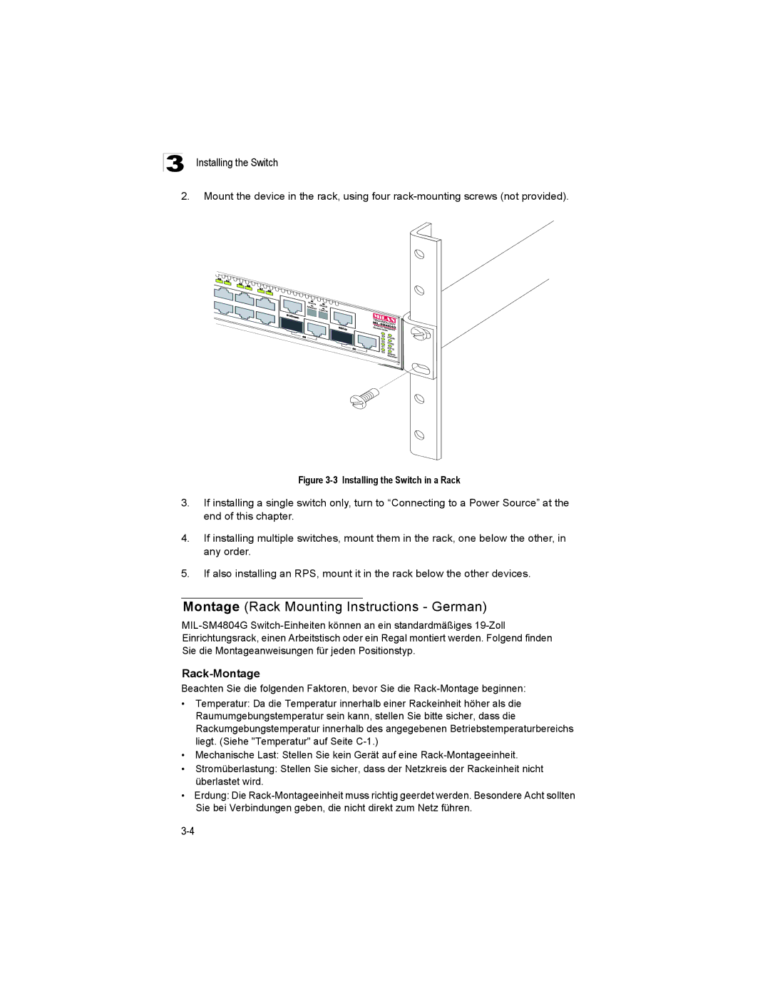 Milan Technology MIL-SM4804G manual Montage Rack Mounting Instructions German, Rack-Montage 