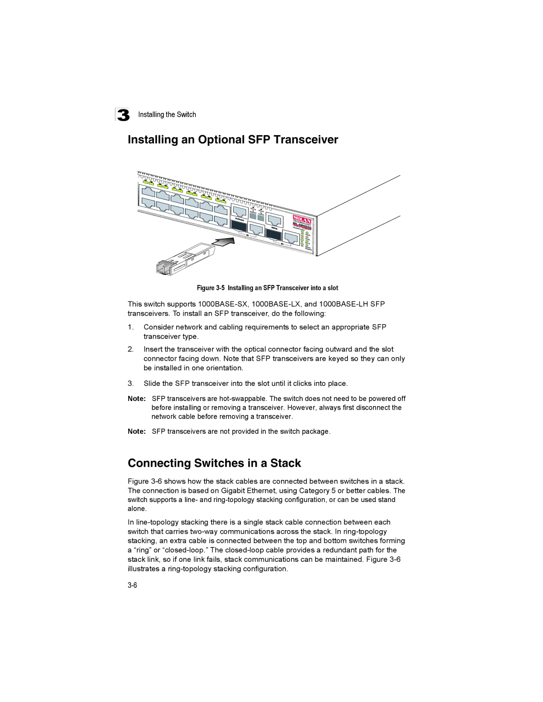 Milan Technology MIL-SM4804G manual Installing an Optional SFP Transceiver, Connecting Switches in a Stack 