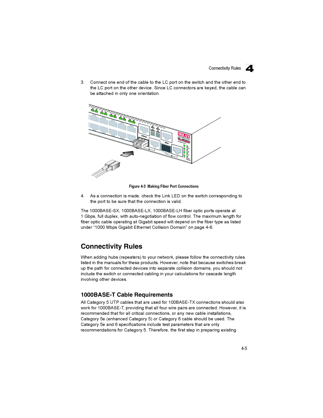 Milan Technology MIL-SM4804G manual Connectivity Rules, 1000BASE-T Cable Requirements 