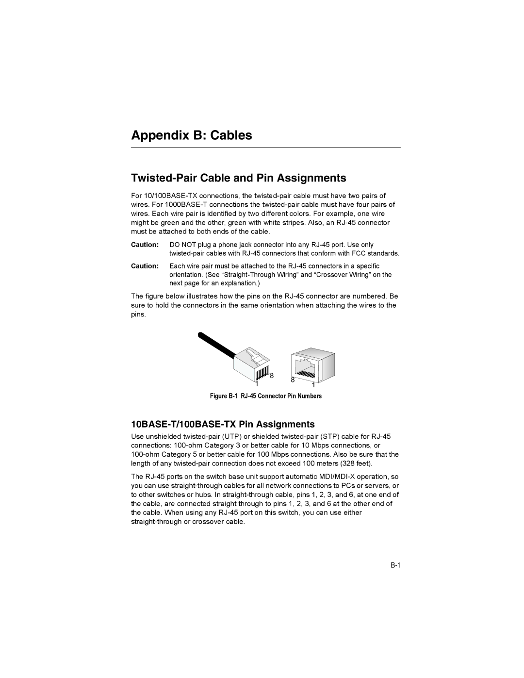 Milan Technology MIL-SM4804G manual Appendix B Cables, Twisted-Pair Cable and Pin Assignments 