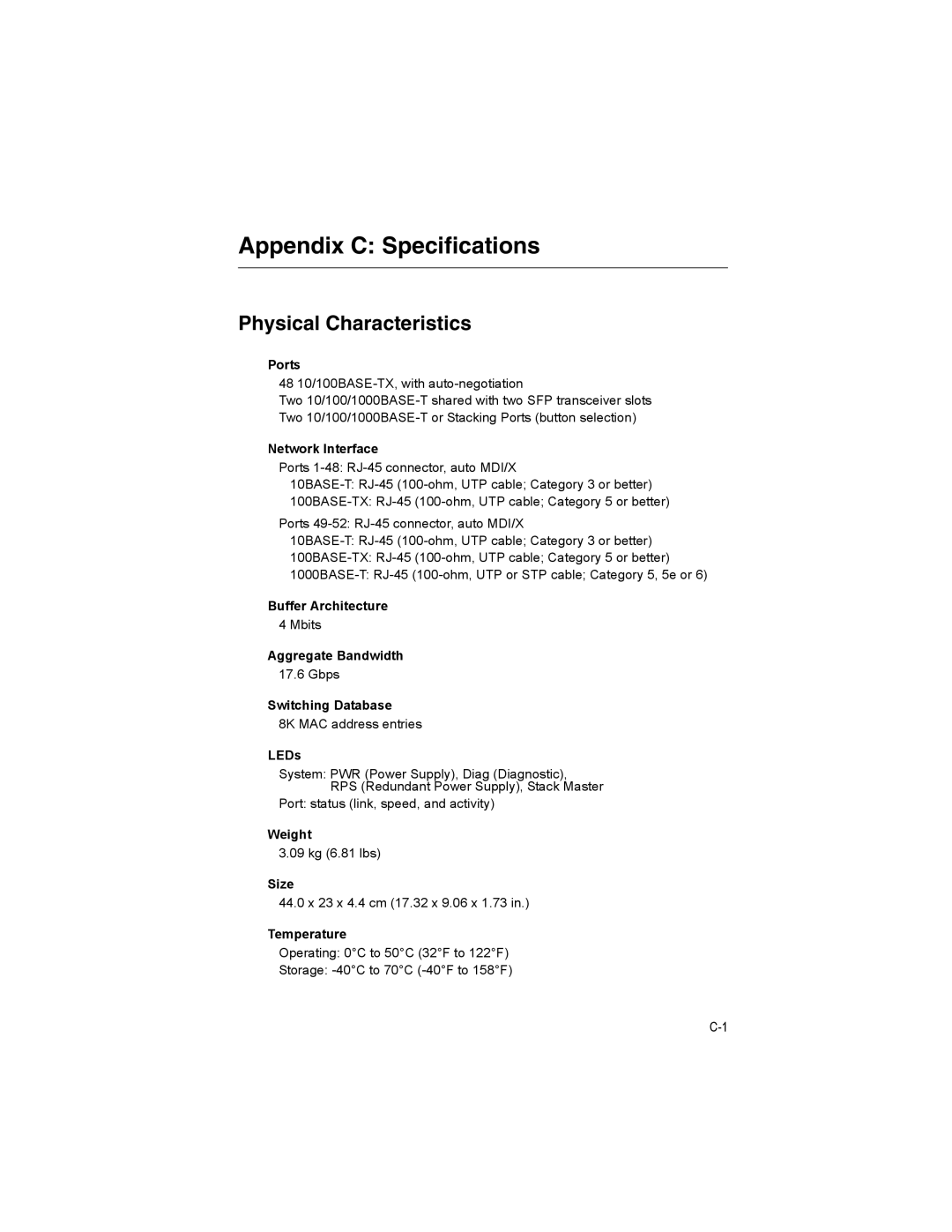 Milan Technology MIL-SM4804G manual Appendix C Specifications, Physical Characteristics 