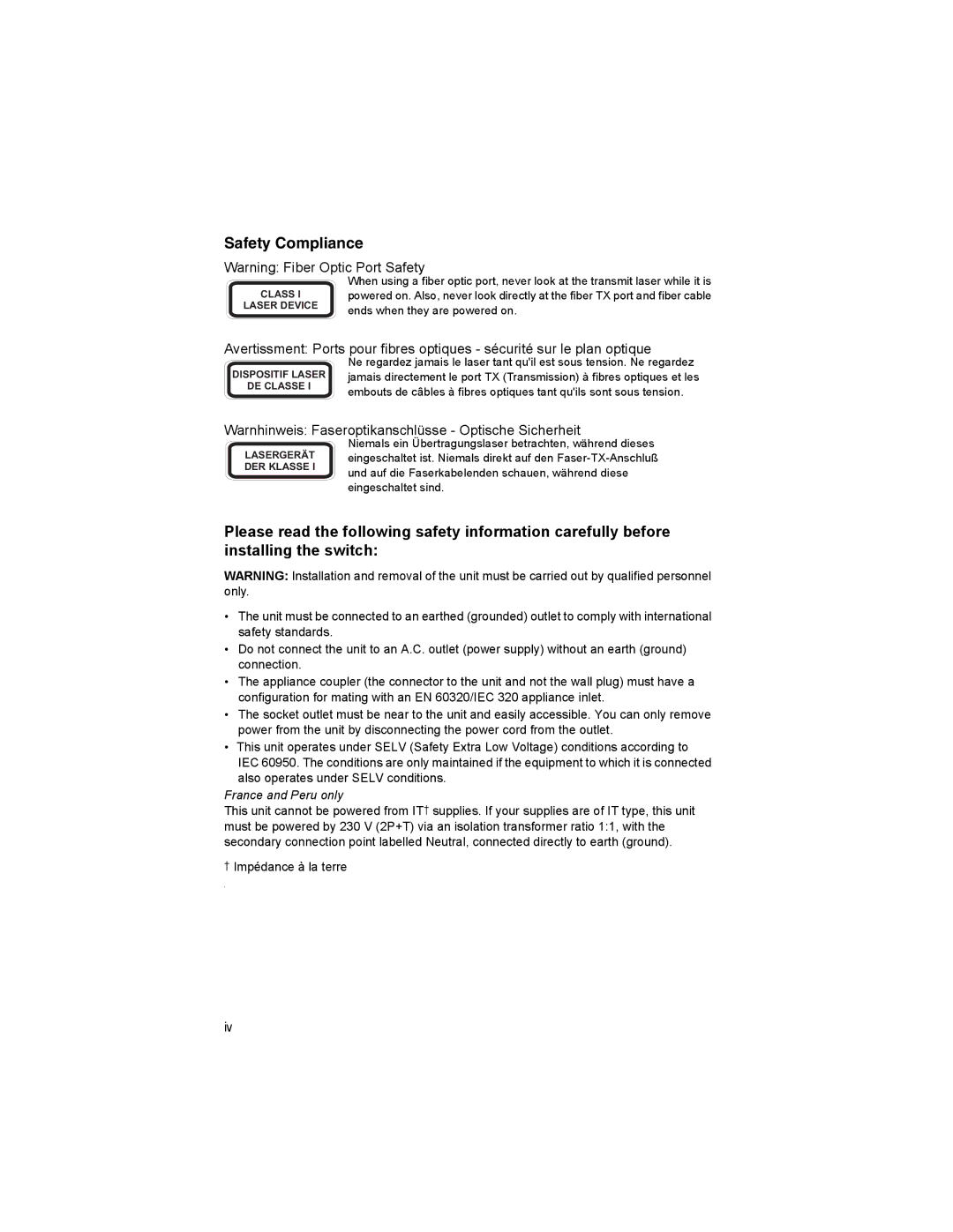 Milan Technology MIL-SM4804G manual Safety Compliance, Warnhinweis Faseroptikanschlüsse Optische Sicherheit 