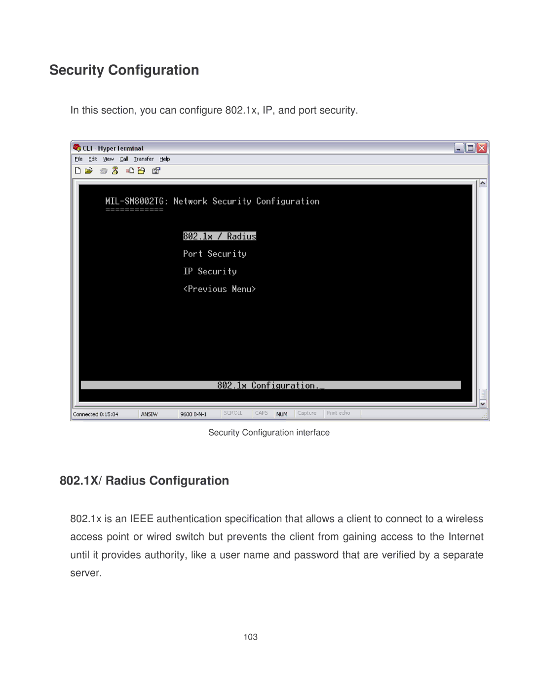 Milan Technology MIL-SM8002TG manual Security Configuration, 802.1X/ Radius Configuration 