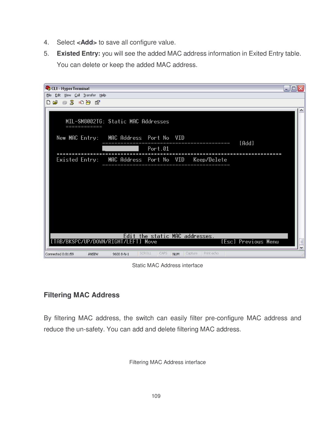 Milan Technology MIL-SM8002TG manual Filtering MAC Address 