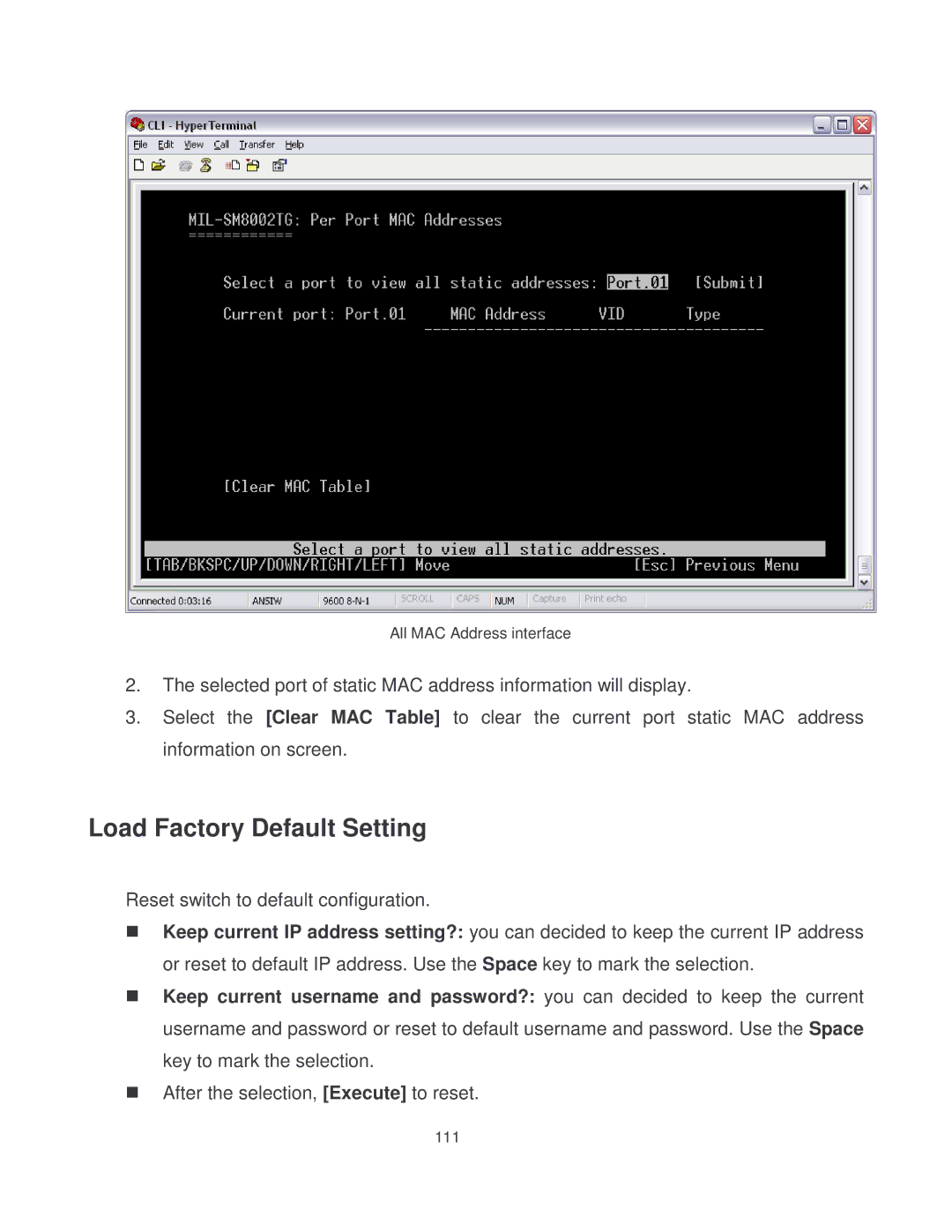 Milan Technology MIL-SM8002TG manual Load Factory Default Setting 