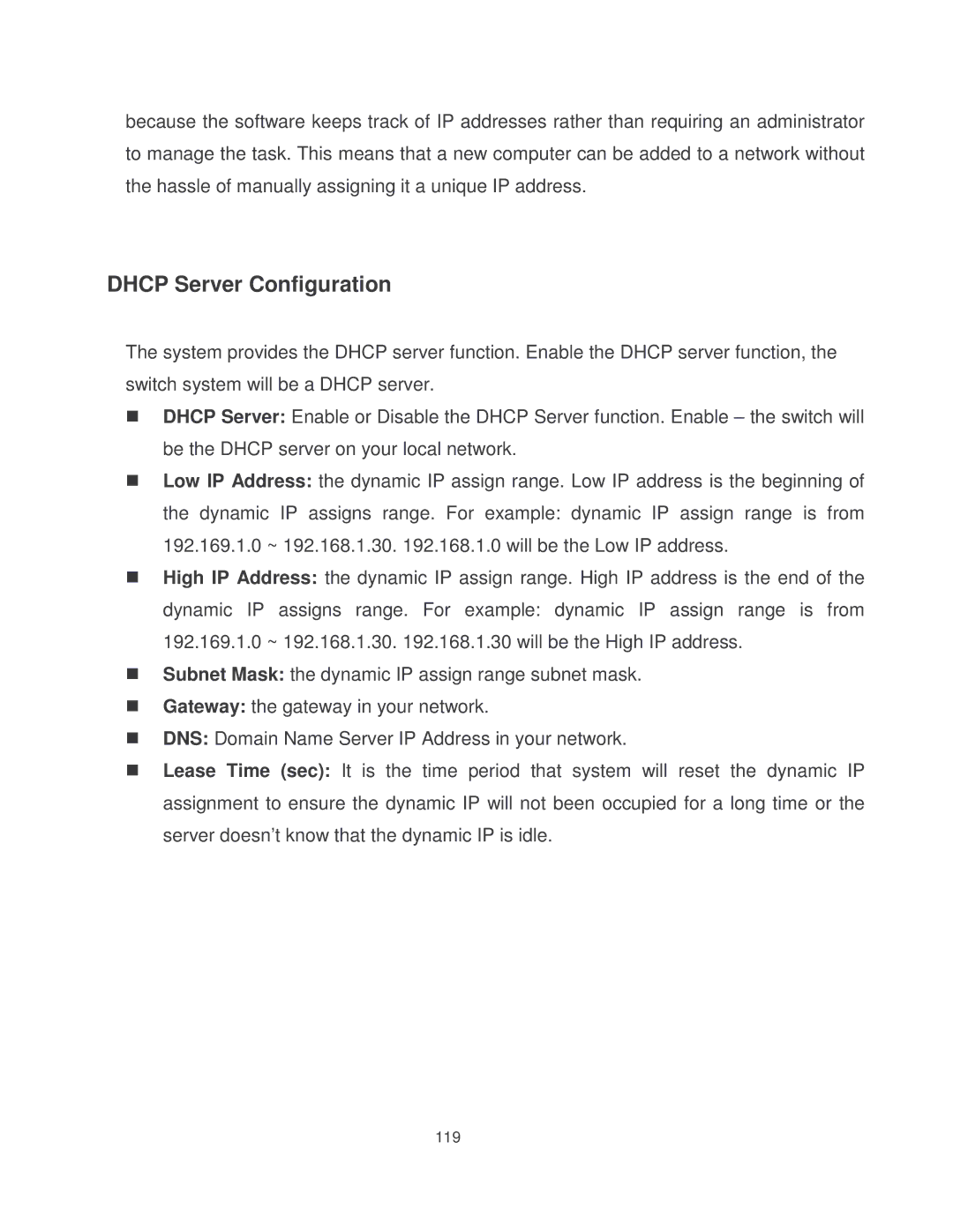 Milan Technology MIL-SM8002TG manual Dhcp Server Configuration 