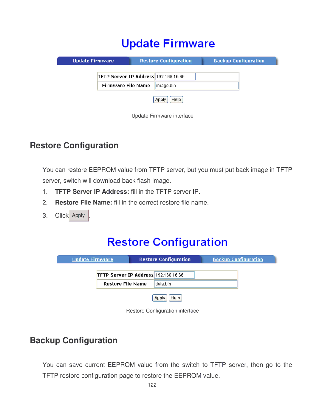 Milan Technology MIL-SM8002TG manual Restore Configuration, Backup Configuration 