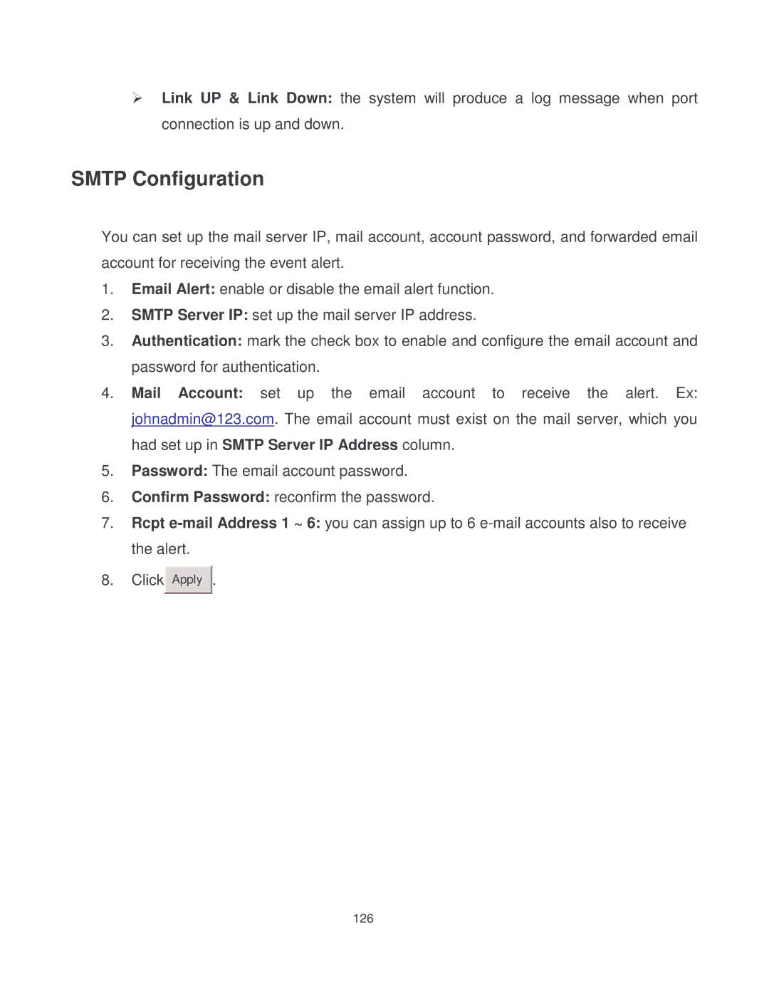 Milan Technology MIL-SM8002TG manual Smtp Configuration 