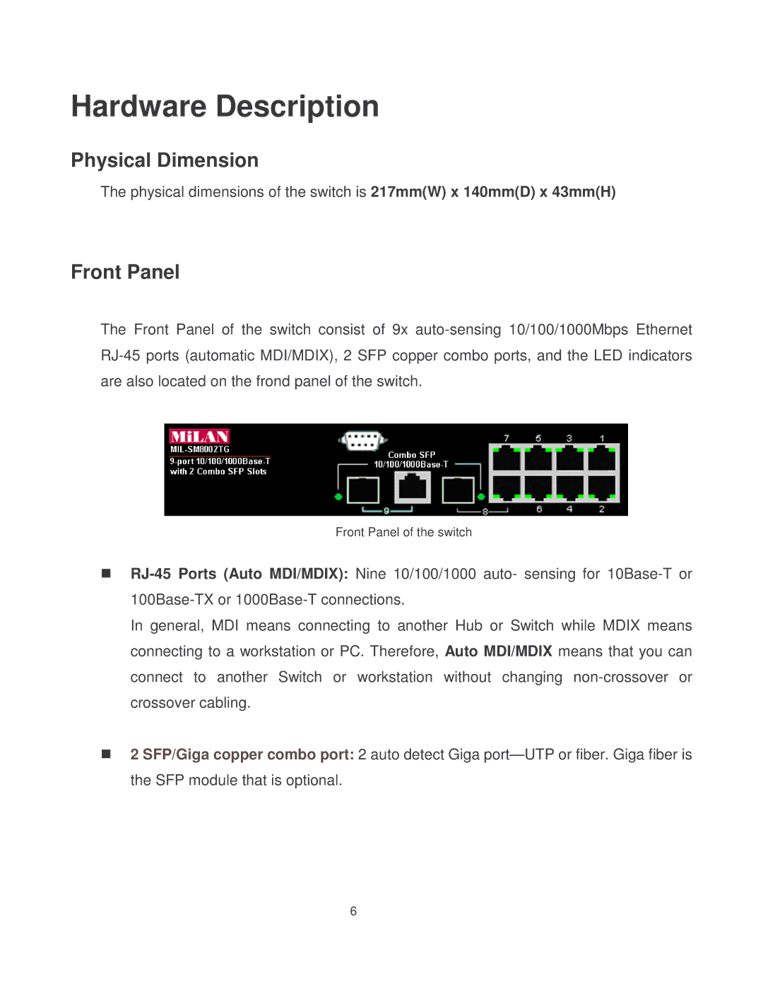 Milan Technology MIL-SM8002TG manual Physical Dimension, Front Panel 